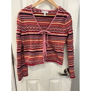 Jessica Simpson Pink Chevron Stripe Knit Tie Front Cropped Cardigan Sweater M